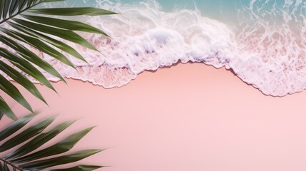 A serene beach scene featuring gentle waves lapping at a pastel shoreline, framed by lush palm leaves.