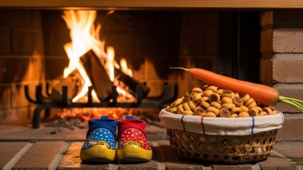 Obraz premium Warmth by the Fireplace: A Cozy Still Life with Dutch Clogs, Treats and carrot