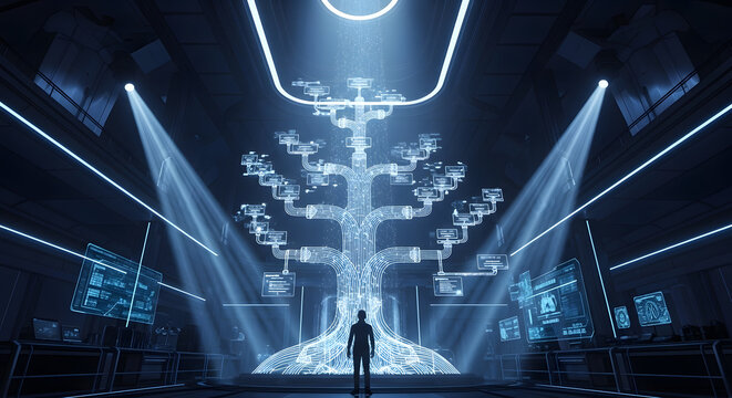 A futuristic digital tree representing the growth of data and network connectivity stands in a high-tech environment, symbolizing the evolution of artificial intelligence and the global information ec