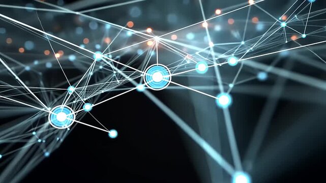 Abstract digital network with glowing nodes and interconnected lines on a dark background