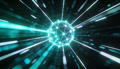 Glowing Cyan Wireframe Sphere in High Speed Data Tunnel. 3D Illustration of Network Connection, Quantum Computing and Blockchain Technology. Futuristic Abstract Digital Background Concept