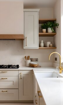 modern country kitchen with soft greige shaker cabinets, white quartz countertops