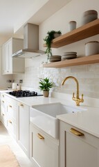 modern country kitchen with soft greige shaker cabinets, white quartz countertops