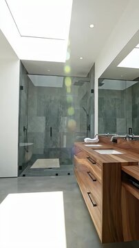 A modern bathroom with a large skylight and a wooden vanity in a video