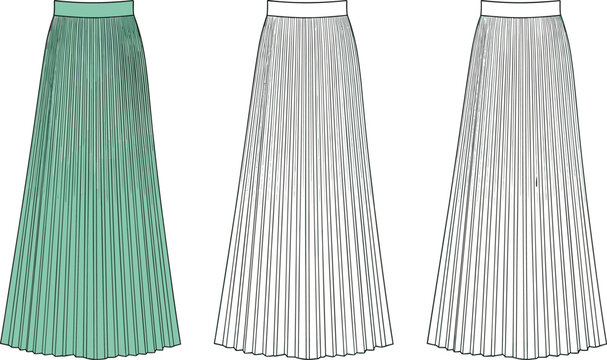 Women pleated maxi skirt technical fashion illustration with high waist waistband, long length silhouette, front views, flat apparel design template