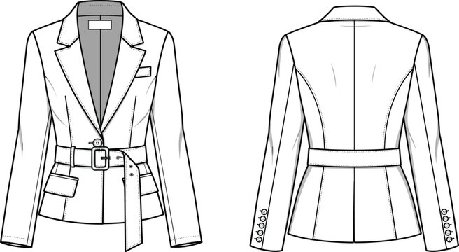 Women tailored blazer jacket technical fashion flat sketch with front and back views, belted waist, notch lapel and structured silhouette design