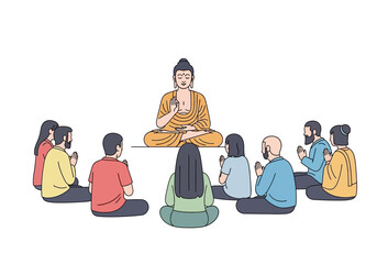Buddha teaching meditation to a group of people.
