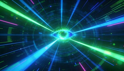 Fototapeta premium Glowing Green Digital Eye with Neon Speed Lines. Futuristic Artificial Intelligence Vision and Cyber Surveillance Concept. Abstract High Tech HUD Interface Background 3D Illustration