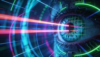 Obraz premium Glowing Green Digital Eye with Neon Speed Lines. Futuristic Artificial Intelligence Vision and Cyber Surveillance Concept. Abstract High Tech HUD Interface Background 3D Illustration