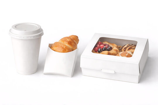 White bakery takeaway packaging mockup with croissant cup and pastry box on white background