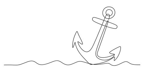 Simple continuous line drawing of a large ship anchor resting on a wavy water surface Vector, illustration © Nippon_Art Gallery