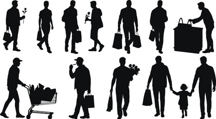 Male shopping silhouettes set with bags, gifts, flowers and child, people walking poses, retail lifestyle vector illustration isolated on white