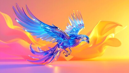 Fototapeta premium Vibrant blue phoenix bird in flight with colorful wings and abstract background in shades of pink, yellow, and orange hues