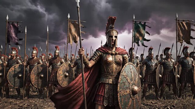 Ancient Spartan Warriors Stand United on Battlefield Under Stormy Skies.