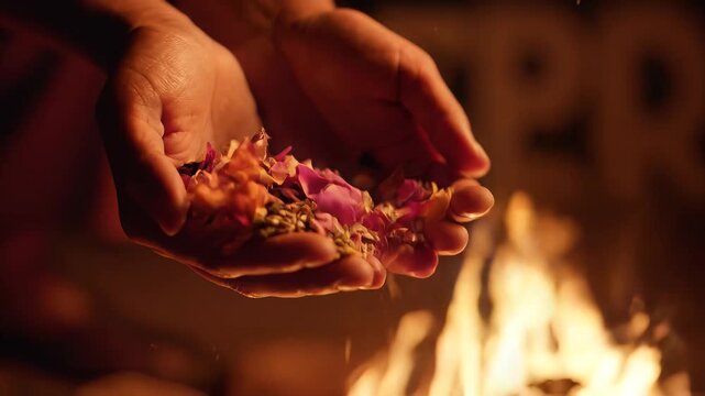 Hands offering ritual ingredients into fire ceremony