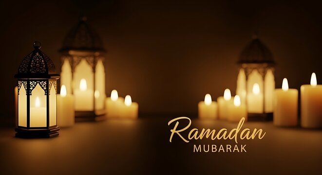 Ramadan Mubarak Greeting with Glowing Islamic Lanterns and Candles in Dark Aesthetic Background