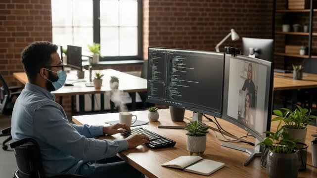 Masked Person In Wheelchair Coding On Dual-screen Monitor In Office Setting With Video Conferencing Showcasing Remote Work Accessibility The Background Features Other Office Desks Pl