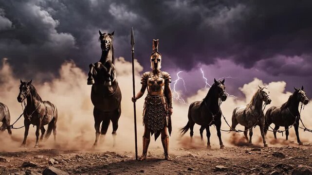 Ancient Warrior with Spear and Horses in a Dusty Landscape Under a Stormy Sky.