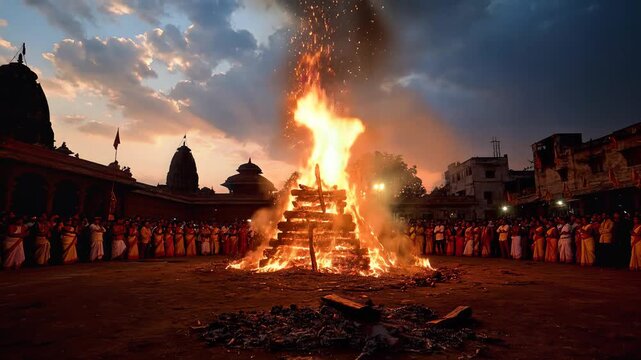 Holika Dahan bonfire ceremony at a Hindu temple evening ritual