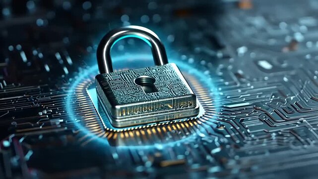Digital security lock on a circuit board background, symbolizing cybersecurity and data protection