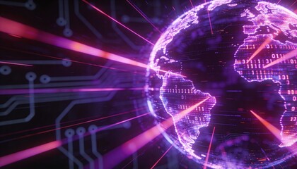 Obraz premium Futuristic Purple Neon Earth Globe with Binary Code Matrix. Global Digital Network Connection and Big Data Concept. Abstract High Tech Cyberspace Background 3D Illustration
