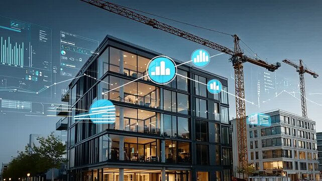 Modern office building under construction with digital overlays showcasing architectural data analysis