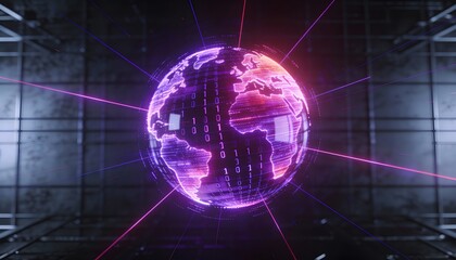 Futuristic Purple Neon Earth Globe with Binary Code Matrix. Global Digital Network Connection and Big Data Concept. Abstract High Tech Cyberspace Background 3D Illustration