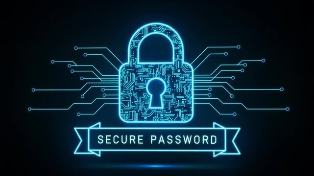 Glowing Digital Padlock With Circuit Board Design Secure Password Ribbon Set Against Dark Blue Background For Cyber Security Data Protection Illustrations