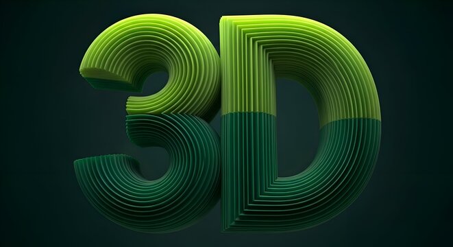 Abstract 3D Text Render with Green Toned Ribbons and Dark Background Illuminated by Subtle Light Source with Geometric Patterns
