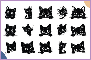 Fototapeta premium Black Peeking cat silhouettes in various poses vector clipart isolated on a white background