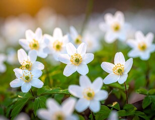 Obraz premium Field of white anemone flowers with yellow centers, lush green leaves, and bokeh background