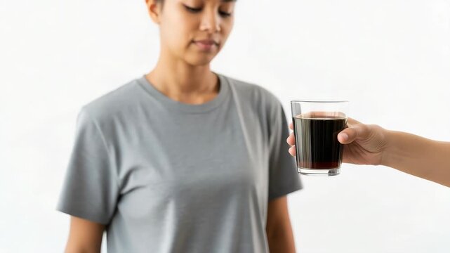 Woman Refusing Cola In Studio Gesture Of Rejection With Person Holding Glass Beverage In Foreground For Health Diet Lifestyle Food Drink Advertising