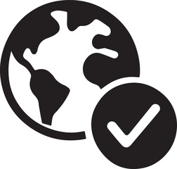 Obraz premium Black vector globe icon with check mark, earth world map symbol, global success concept isolated on white