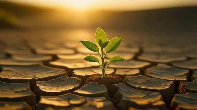Sprouting green seedling emerges from parched cracked earth reaching toward warm light