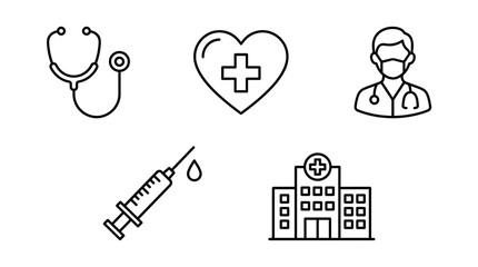 Medical and healthcare line art icons set. Stethoscope, doctor with mask, syringe, heart cross, and hospital building.