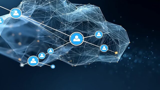 Abstract digital network connecting users in a cloud environment with glowing particles in the background