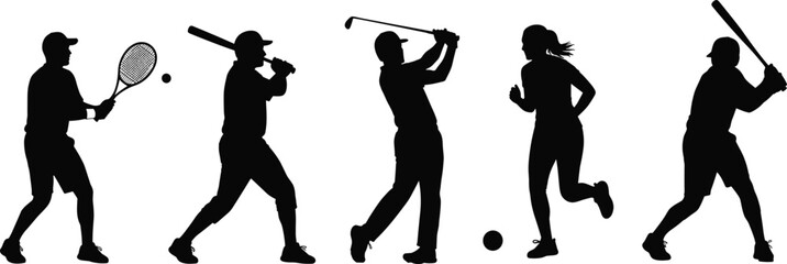 Sports player silhouettes set, athletes playing tennis, baseball, golf and running, black and white vector illustration for fitness and competition design © Ideasy Mind
