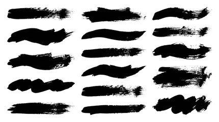 Horizontal black ink brush strokes set. Grunge paint lines and artistic texture backgrounds.