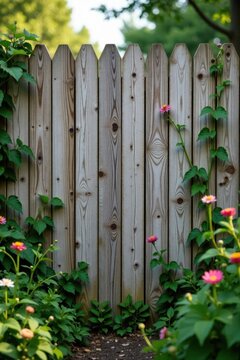 Rustic Wooden Fence Adorned with Blooming Pink Flowers and Lush Green Vines