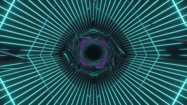 Firefly-inspired neon tunnel of luminous lines in a dark abstract space