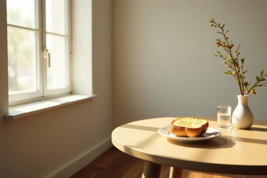 Sunlight streams through a window illuminating a piece of toasted bread on a small table next to a vase of delicate flowers and a glass of water.