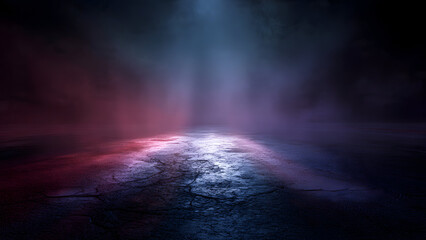 Obraz premium Bleak nocturnal road, crimson rays shimmering through rain on asphalt, dense smog curtaining ultramarine background, spotlights on empty cracked floor.