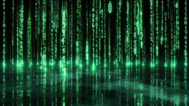 Firefly-like emerald data streams cascade into a dark digital abyss, neon code shimmering over a reflective ocean