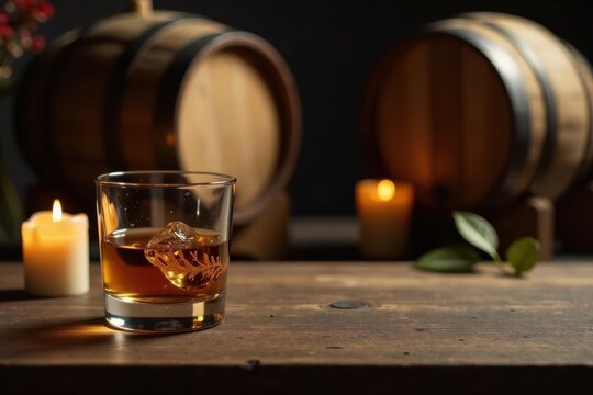 Aromatic amber liquid rests in a rocks glass, featuring a single ice cube, set against a softly blurred backdrop of aged wooden barrels and gently glowing candles.