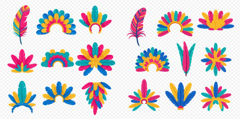 Colorful collection of tribal feather headdresses and individual feathers, vibrant cultural adornments set. © MuammarAuliyan