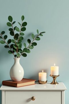 Serene Bedroom Decor  White Vase, Green Branches, Lit Candles, and a Book Resting on a Drawer