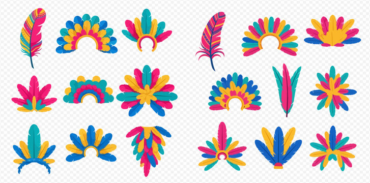Colorful collection of tribal feather headdresses and individual feathers, vibrant cultural adornments set.