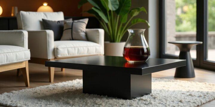 Modern living room interior design featuring a dark coffee table and comfortable armchairs