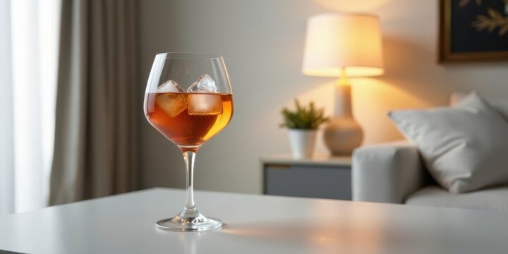 A refreshing amber beverage rests in a stemmed glass, ice cubes gently melting, positioned on a pristine white table within a softly lit living room setting.