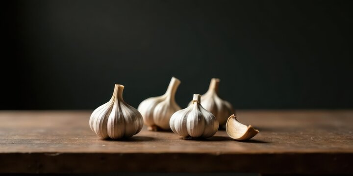 A Still Life Featuring Several Bulbs of Garlic on a Rustic Wooden Surface
